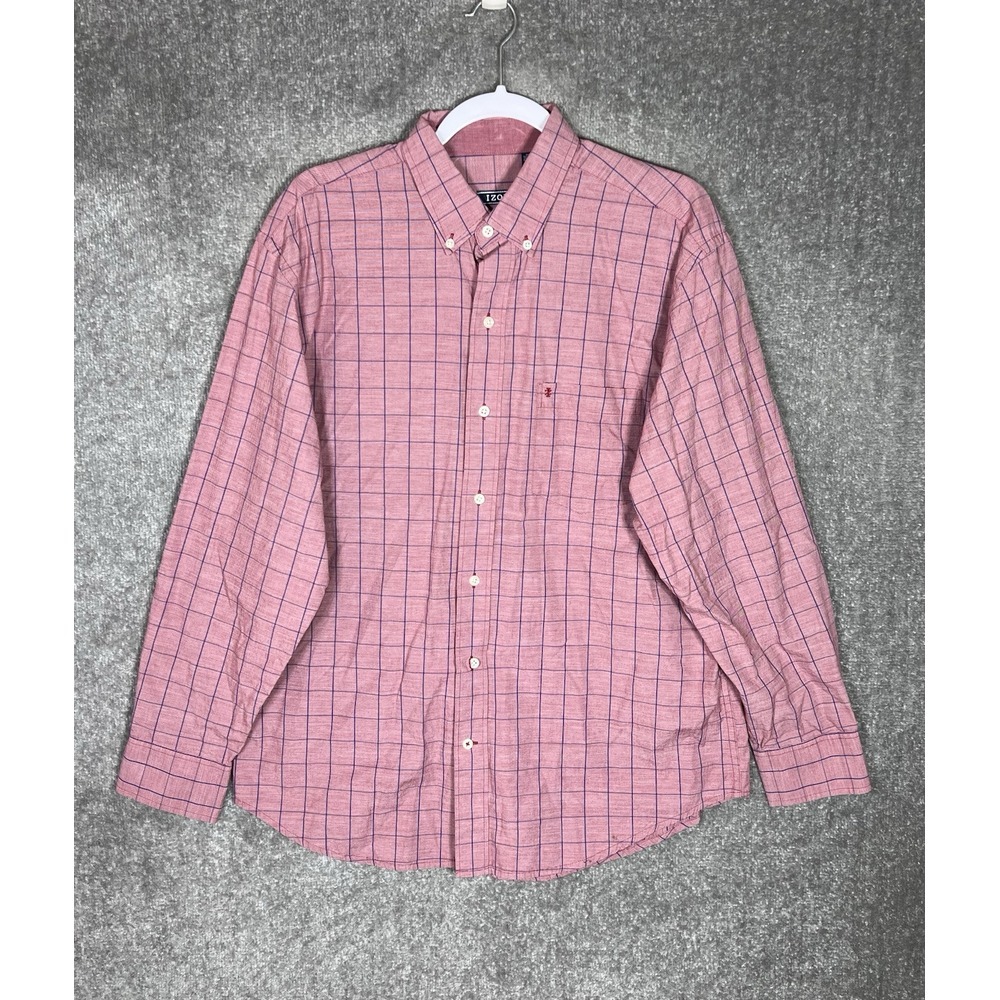 IZOD Button Down Shirt Mens Sz Large Red Blue Plaid Chest Pocket Long Sleeve